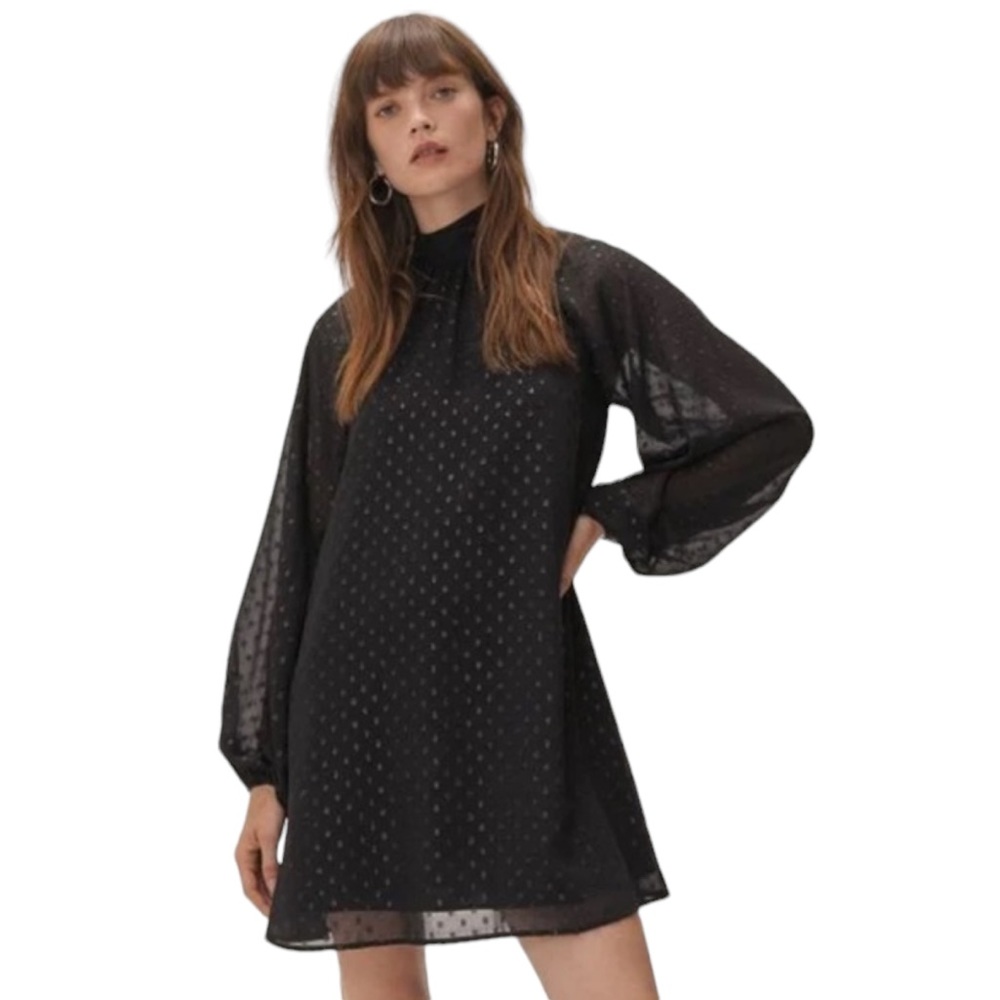 Nasty Gal Black Metallic Spot Blouson Sleeve Mini Smock Dress